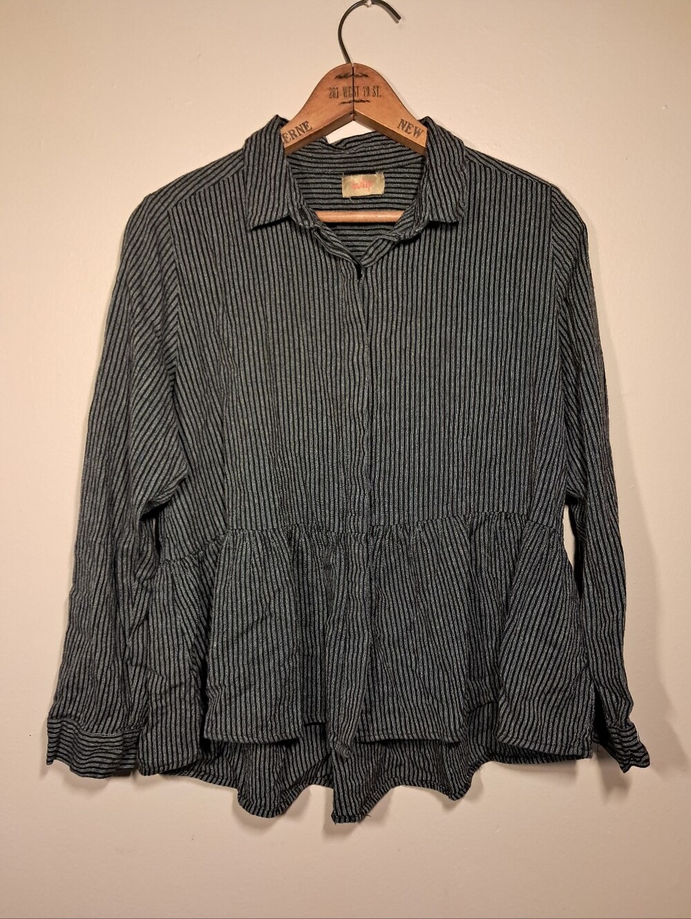 Tulip Striped Peplum Button-Up Shirt in Black and White